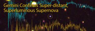 Gemini spectra overlaid on image of supernova with title text, Gemini Confirms Super-distant, Superluminous Supernova"