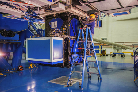 Picture of GPI after mounting on the uplooking port of the Gemini South telescope's instrument support structure.