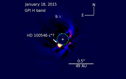 This image is the same as Figure 1 but with a different color scale. The new color scale shows a fainter point of light (candidate HD 100546 c) near the bright point of light (HD 100546 b) seen in Figure 1.