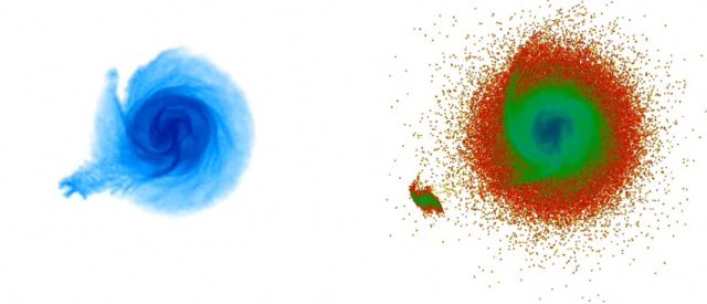 Computer simulation of gas distribution (left) and stars (right) after the Milky Way is perturbed by the dwarf satellite. Download the entire animation here. 