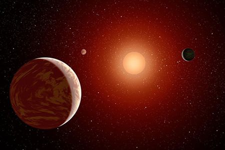 Artist’s concept of what the view might be like from inside the TRAPPIST-1 exoplanetary system showing three Earth-sized planets in orbit around the low-mass star. This alien planetary system is located only 40 light years away. Gemini South telescope imaging, the highest resolution images ever taken of the star, revealed no additional stellar companions providing strong evidence that three small, probably rocky planets orbit this star. Credit: Robert Hurt/JPL/Caltech.  Full resolution JPEG