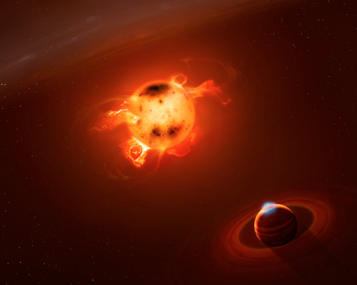 Artist's view of newborn giant planet near young star V830 Tau.