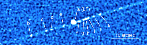 Figure 2. Composite image of asteroid P/2010 A2 constructed from data from the Gemini Multi-Object Spectrograph on Gemini North. The team used this data to compare against models of the object’s structure and dynamics. 