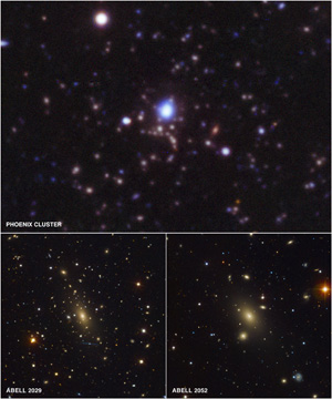 Imágenes ópticas (combinación de imágenes tomadas en filtros rojo, verde y azul) y ultravioleta, del centro del Cúmulo Fénix e imágenes de Abell 2029 y Abell 2052. Imagen superior fue tomada con el Telescopio NOAO Blanco.