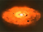 Frame of a video showing a generic planetary system formation from passing shock wave to fully formed star with orbiting planets.
