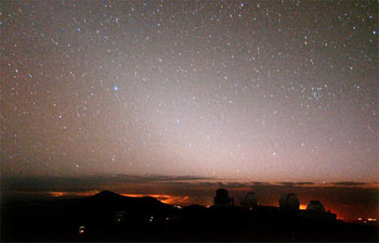 The Zodiacal Light as photographed from Mauna Kea shortly after the end of evening twilight.