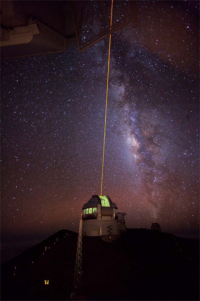 Picture of the propagation of the Gemini laser guide star during commissioning in July 2006