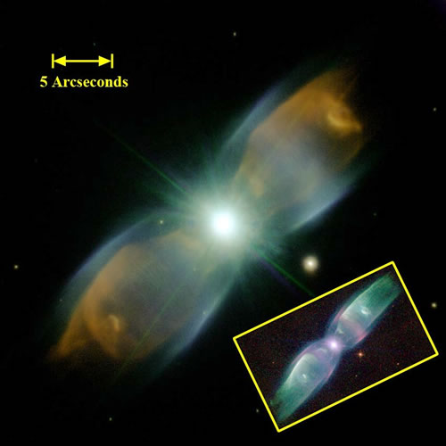 Color composite (center) of the planetary nebula M2-9.