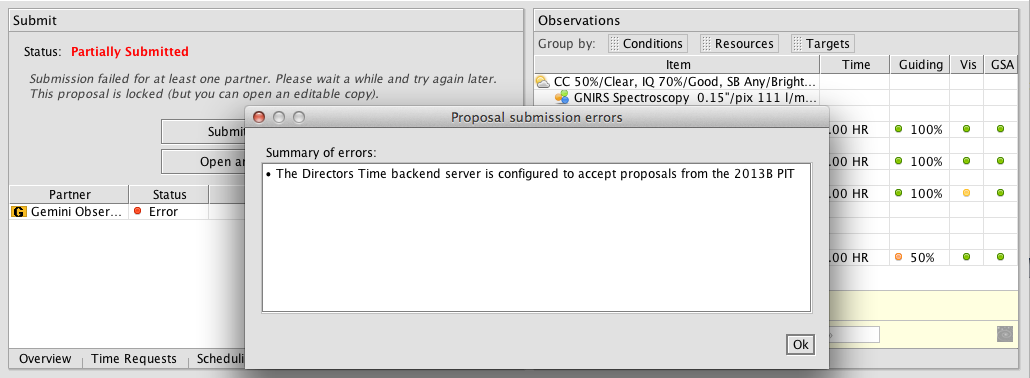 Popup about submission problems.