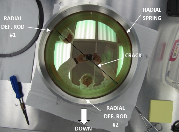 Picture shows the lens inside prior to disassemble. The image shows has a line indicating the location of the crack.