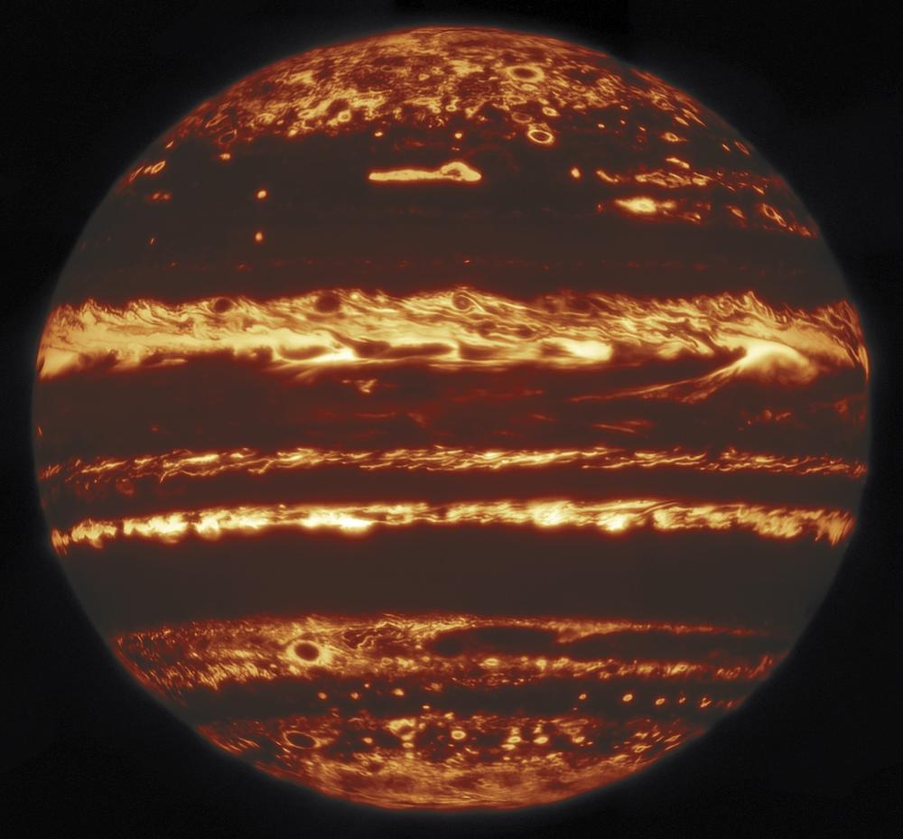 Jupiter i IR lys fotograferet af Gemini Nord 10m teleskopet fra Jorden