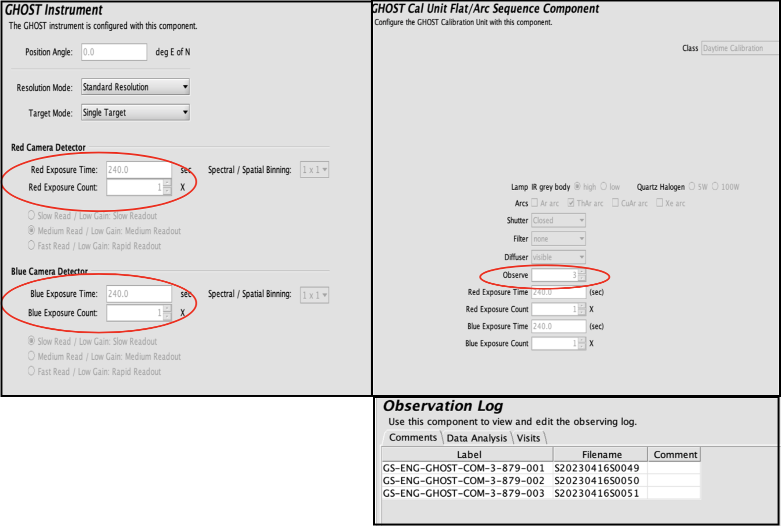 Multiple screenshots showing examples of GHOST total observation time and Observation Logs.