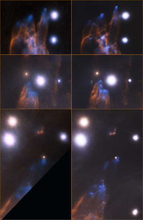 Orion Bullet region: GeMS vs. Altair AO. GeMS image (right) shows finer detail, wider field of view, and sharper stars due to MCAO's advanced atmospheric correction.