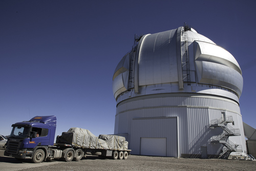 Picture of Gemini Planet Imager arriving atop Cerro Pachón where Gemini South staff welcome this next-generation instrument.