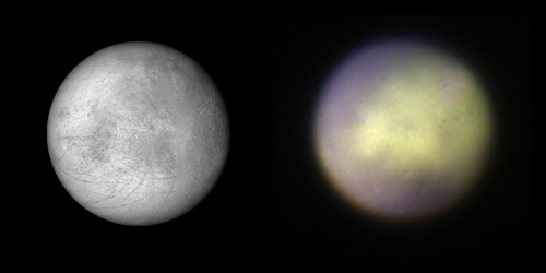 Comparison of Europa observed with Gemini Planet Imager in K1 band on the right and visible albedo visualization based on a composite map made from Galileo SSI and Voyager 1 and 2 data (from USGS) on the left.