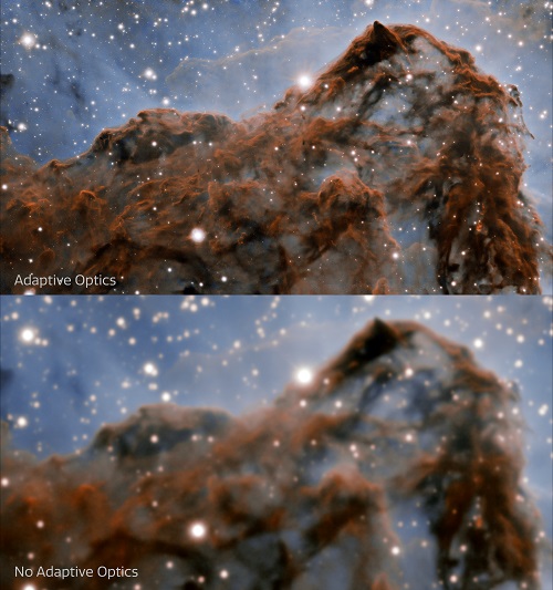 Esta imagen muestra una comparación de la nueva imagen (arriba) de la pared occidental de la Nebulosa Carina tomada por el Observatorio internacional Gemini y una imagen de la misma región sin óptica adaptativa (abajo).