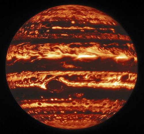 Imagen que muestra la vista infrarroja de Júpiter capturada por Gemini Norte.
