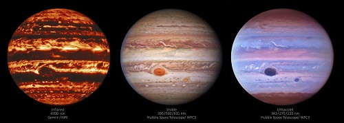 Image showing three views of Jupiter. The Infrared view captured by Gemini North (left), the Visible view captured by the Hubble Space Telescope (center), and the Ultraviolet view captured by the Hubble Space Telescope (right).