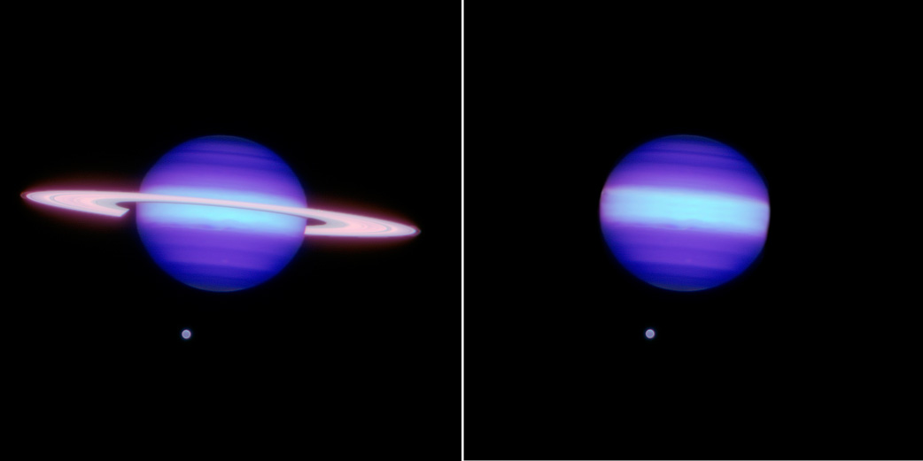 A hypothetical view of Saturn (with its moon Titan) with and without rings.