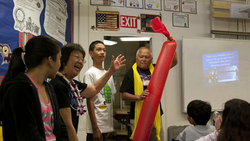 Photo of Art and Rene Kimura exploring the dynamics of air with students as part of their Journey classroom presentation.