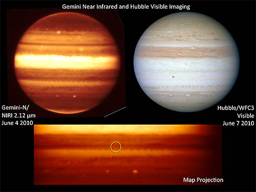 Gemini infrared images (left) of Jupiter's superbolide impact (circled) compared to Hubble image (right).