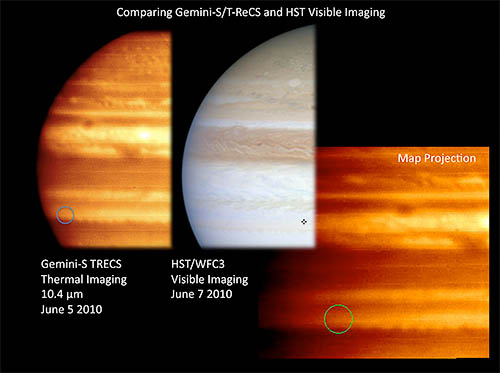 Gemini infrared images (left/right) of Jupiter's superbolide impact site (circle) compared to Hubble image (center).