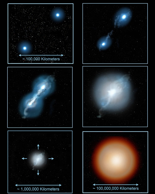 Frames of the animation of the process of two white dwarfs mergning each other.