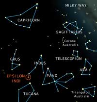 Naked-eye locator map for Epsilon Indi showing nearby bright stars/constellations visible in the Southern Hemisphere.