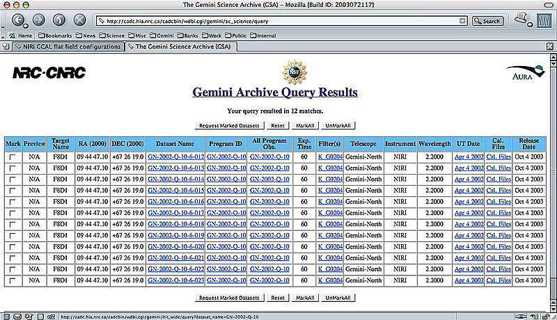Screenshot of the Gemini Archive Query Results.