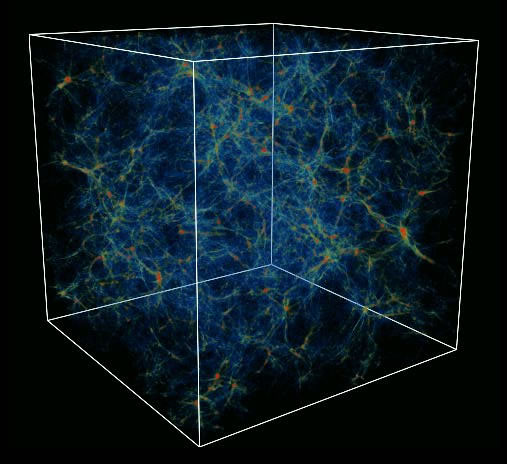This image is a computer simulation of the large-scale structure of the universe, often referred to as the "cosmic web."  Dense regions, predicted to contain galaxy clusters, are shown in red.