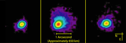 Michelle mid-infrared false-color images of 9P/Temple before and after the impact.