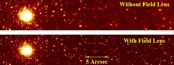 H band mosaic images of the core of M33 with field lens out (top) and field lens in (bottom).