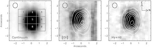 Continuum image (4900 – 5400 Å) of 'E+A' galaxy reconstructed from IFU data (left). Middle panel displays ionized gas ([OII] line intensity), while the right panel shows distribution of A stars. Contour lines on center and right panels correspond to continuum light (from left panel).