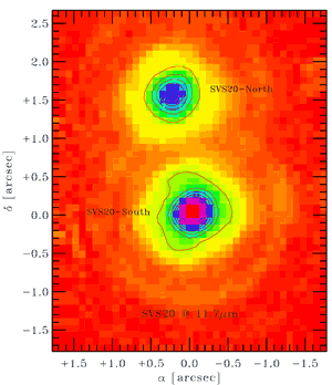 T-ReCS image of protostar binary SVS20 in Serpens Cloud core at 11.7 microns. Stars, 1.5 arcseconds apart.