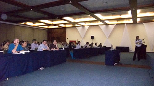 Photo of Isobel Hook sharing her work with the attendees at the 2007 Gemini Science Meeting