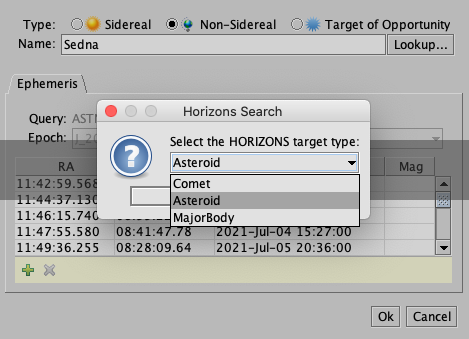 Selecting a PIT non-sidereal target type